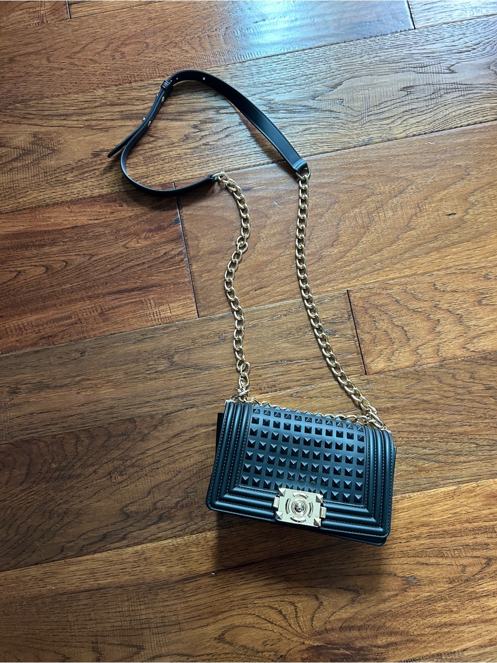Black Studded Crossbody Bag with Gold Chain